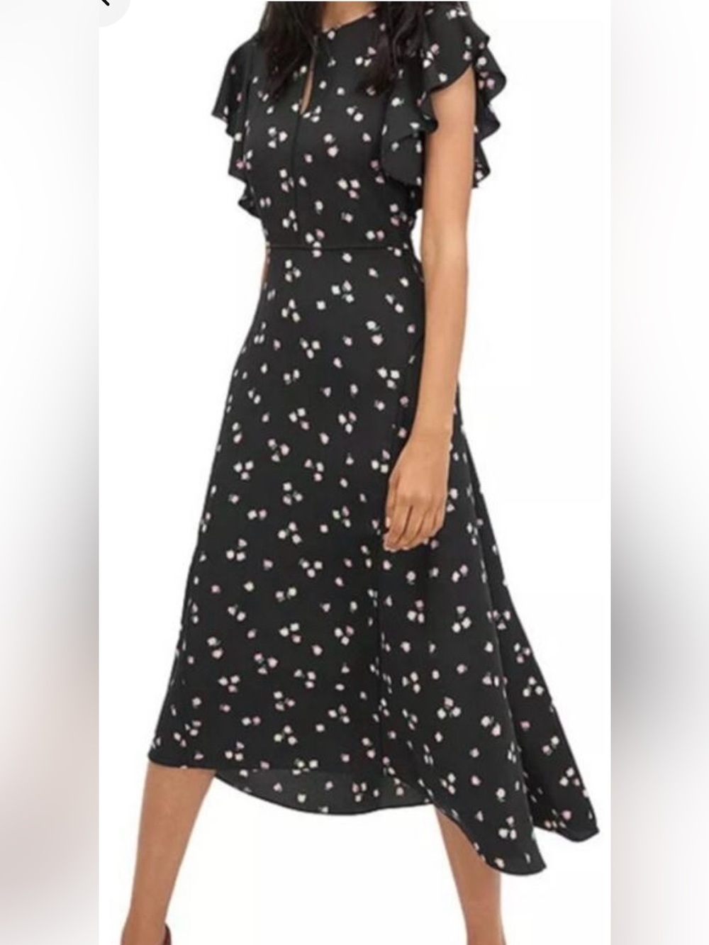 Kate Spade Ditsy Begonia Flutter Sleeve Midi Dress Slit Keyhole Floral Black 14